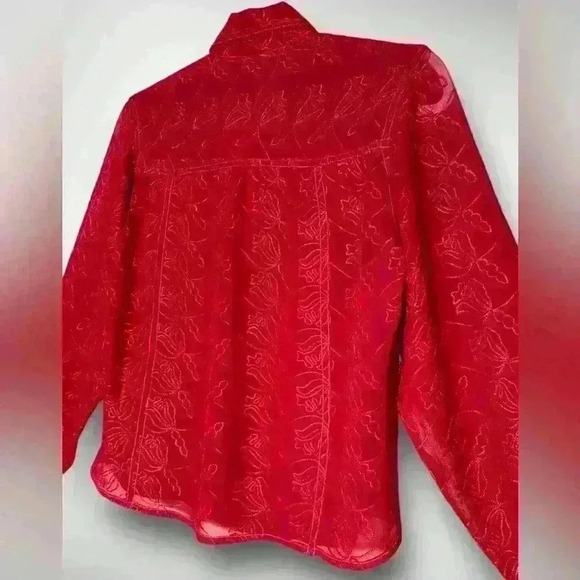 Women’s Sheer Red Button Down Blouse Decorative Embroidery Two Pocket Size M - Picture 5 of 8